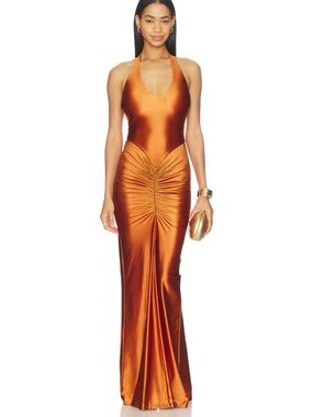Halter-Neck Ruched Satin Maxi Dress in Copper